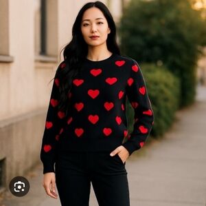 Marled Black Sweater with Red Hearts Size L